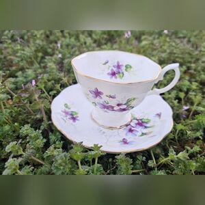 Royal Albert White Teacup & Saucer with Purple Floral and Gold Trim